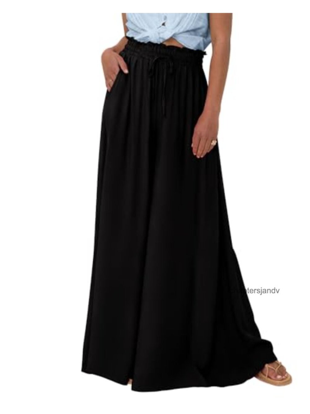 Wide Leg Flowy Palazzo Pants Drawstring Elastic Waist Side Pockets